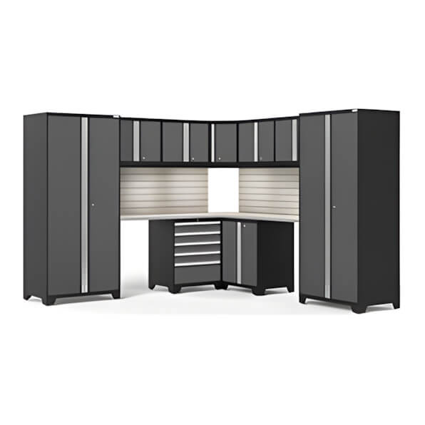 NewAge Garage Cabinets PRO Series Grey 12-Piece Corner Set with Stainless Tops, Slatwall and LED Lights-59883-Garage Giant