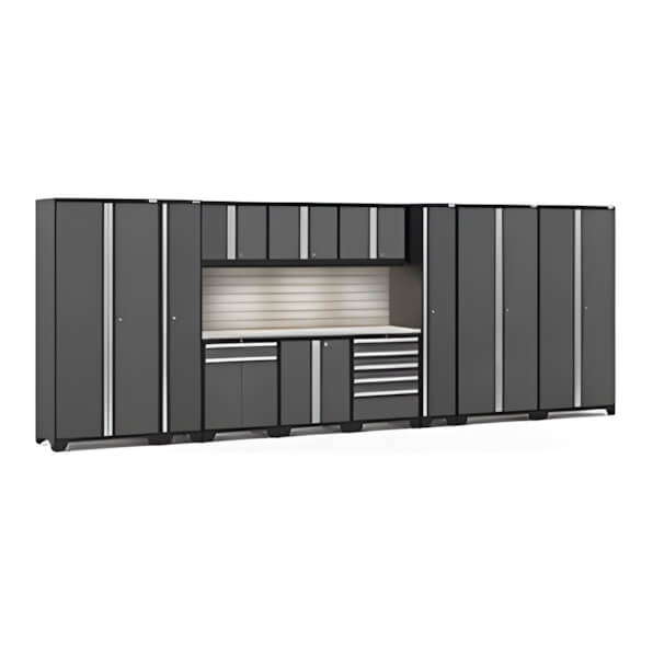 NewAge Garage Cabinets PRO Series Grey 12-Piece Set with Stainless Steel Top, Slatwall and LED Lights-58548-Garage Giant