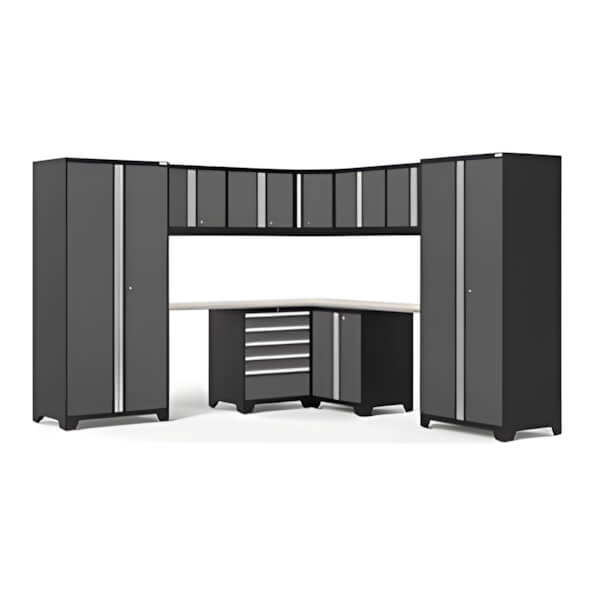 NewAge Garage Cabinets PRO Series Grey 12-Piece Corner Set with Stainless Steel Tops and LED Lights-59881-Garage Giant