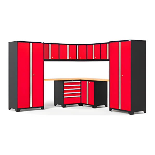 NewAge Garage Cabinets PRO Series Red 12-Piece Corner Set with Bamboo Tops and LED Lights-59905-Garage Giant