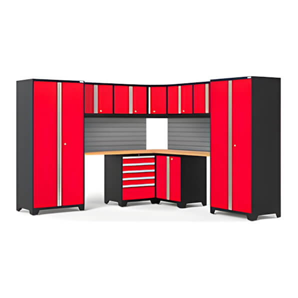 NewAge Garage Cabinets PRO Series Red 12-Piece Corner Set with Bamboo Tops and Slatwall-59906-Garage Giant