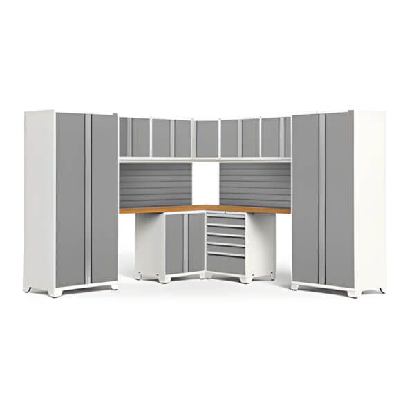 NewAge Garage Cabinets PRO Series Platinum 12-Piece Corner Set with Bamboo Tops and Slatwall-59890-Garage Giant