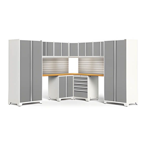 NewAge Garage Cabinets PRO Series Platinum 12-Piece Corner Set with Bamboo Tops, Slatwall and LEDs-59891-Garage Giant