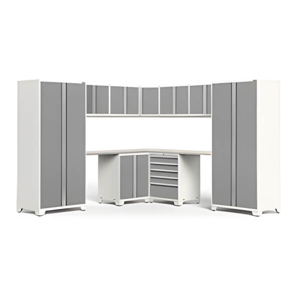 NewAge Garage Cabinets PRO Series Platinum 12-Piece Corner Set with SS Tops and LEDs-59897-Garage Giant