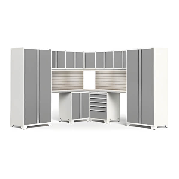 NewAge Garage Cabinets PRO Series Platinum 12-Piece Corner Set with Stainless Tops, Slatwall and LEDs-59899-Garage Giant