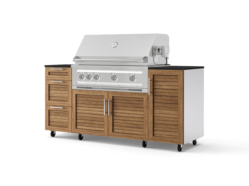 NewAge Outdoor Kitchens Outdoor Grill Island Stainless-Steel Louvered Doors 6-Piece Cabinet Set with Casters 1 Door, 3 Drawer, Grill Cabinet, Platinum Grill and Dekton in Sirius Countertops - (Liquid Propane) | Garage Giant