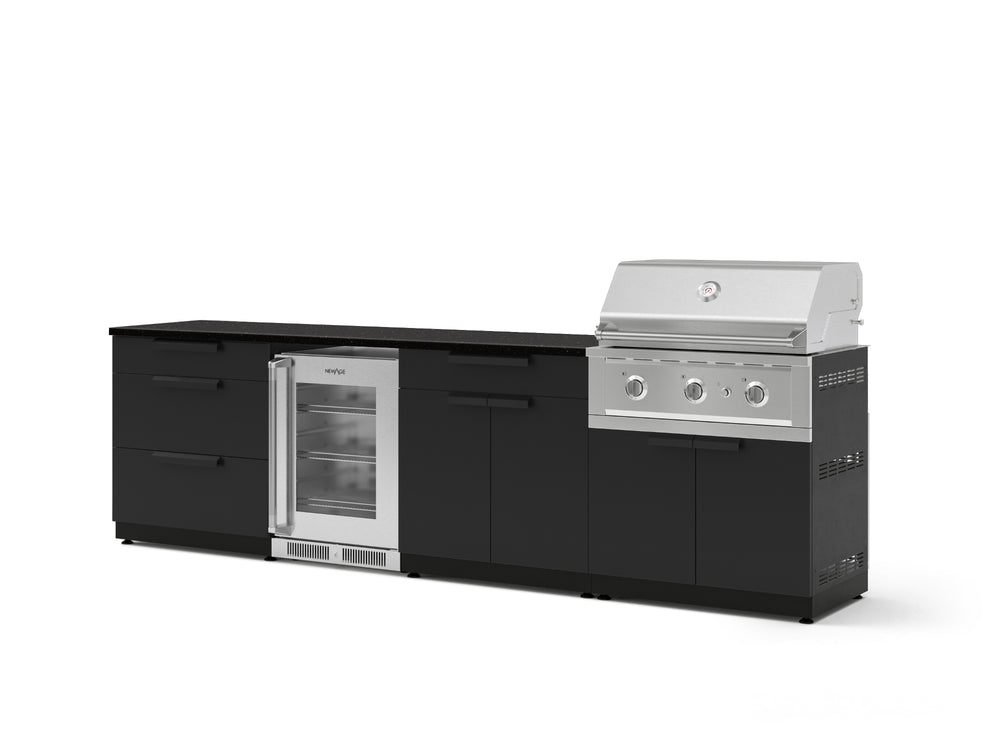 NewAge Outdoor Kitchens Stainless Steel 7-Piece Cabinet Set with 3-Drawer, Bar, Grill Cabinet, Performance Grill, Countertops, and Glass Door Fridge-73605-Garage Giant
