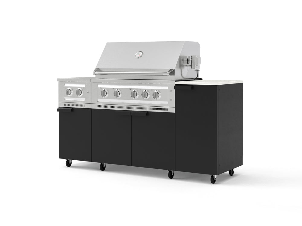 NewAge Outdoor Kitchens Outdoor Grill Island Stainless-Steel 6-Piece Cabinet Set with Casters and 1-Door, Grill Cabinet, Platinum Grill, Dual Side Burner and Dekton in Aeris Countertop - (Liquid Propane) | Garage Giant