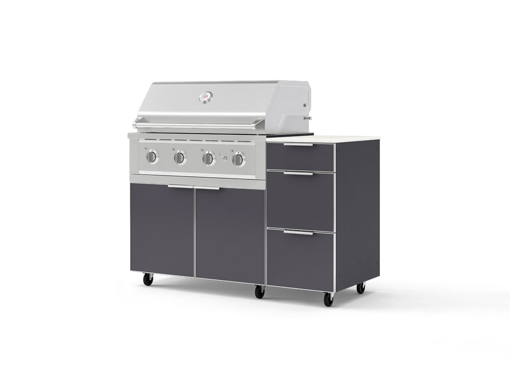 NewAge Outdoor Kitchens Outdoor Grill Island Aluminum 4-Piece Cabinet Set with Casters and 3-Drawer, Grill Cabinet, Performance Grill and Dekton in Aeris Countertop - (Liquid Propane) | Garage Giant