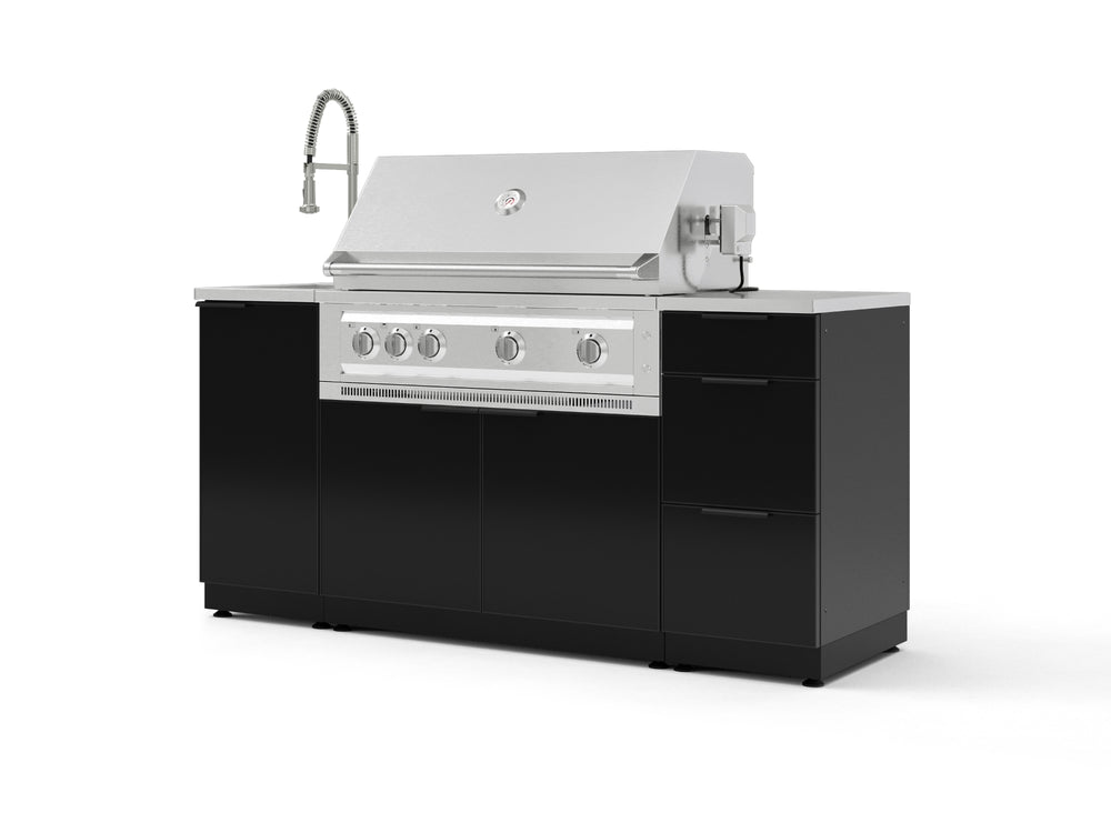NewAge Outdoor Kitchens Outdoor Grill Island Aluminum 5-Piece Cabinet Set with Sink, 3 Drawer, Grill Cabinet, Platinum Grill and Stainless Steel Countertop | 72365