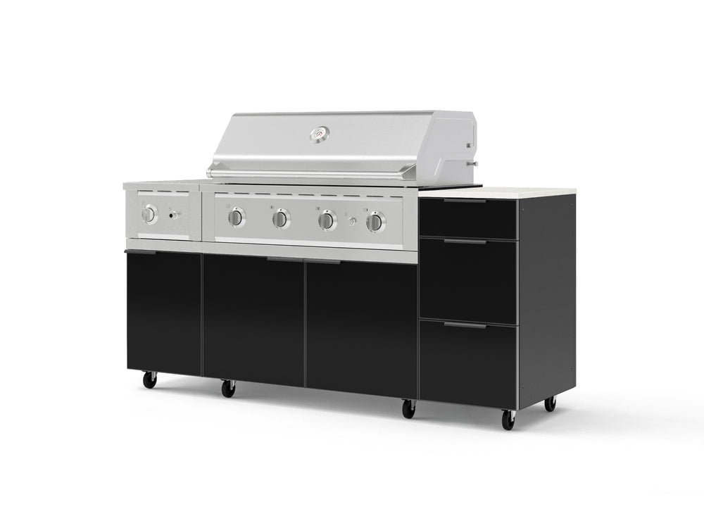 NewAge Outdoor Kitchens Outdoor Grill Island Aluminum 6-Piece Cabinet Set with Casters and 3-Drawer, Grill Cabinet, Performance Grill, Side Burner and Dekton in Aeris Countertop - (Liquid Propane) | Garage Giant