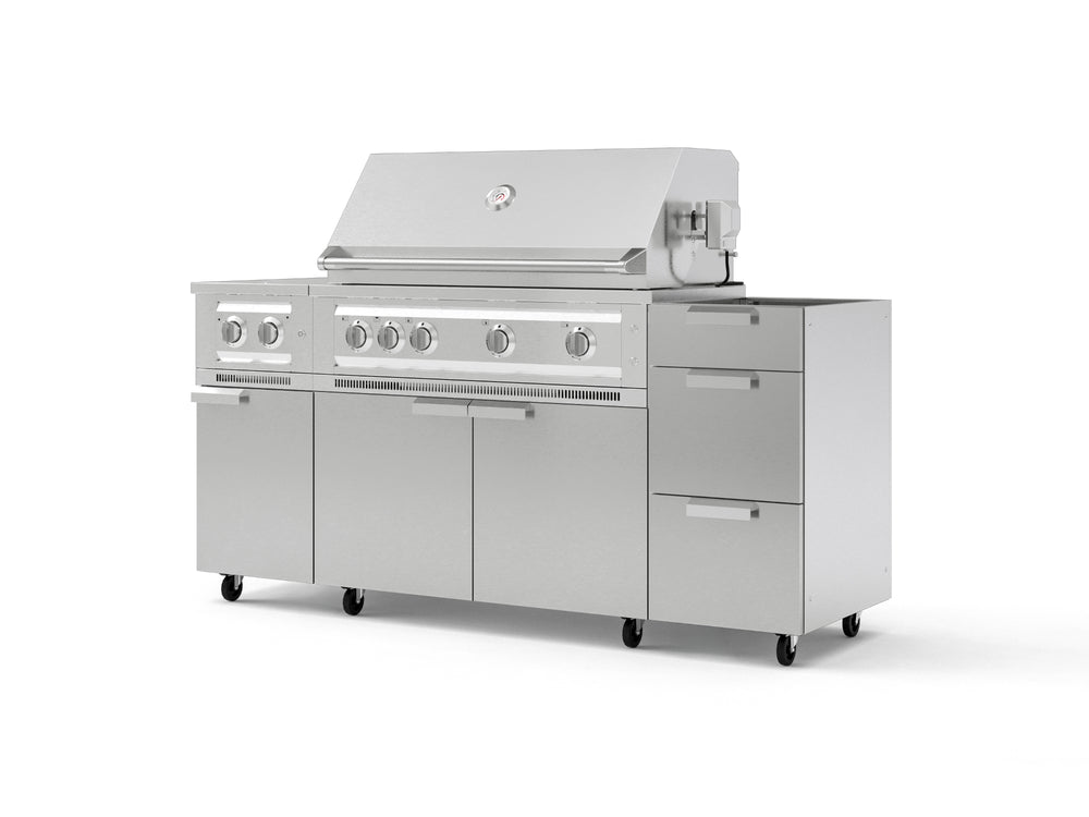 NewAge Outdoor Kitchens Outdoor Grill Island Stainless-Steel 5-Piece Cabinet Set with Casters and 3-Drawer, Grill Cabinet, Dual Side Burner and Platinum Grill - (Liquid Propane) | Garage Giant