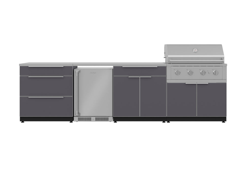 NewAge Outdoor Kitchens Aluminum 7-Piece Cabinet Set with 3-Drawer, Bar, Grill Cabinet, Performance Grill, Countertops and Fridge-66541-Garage Giant