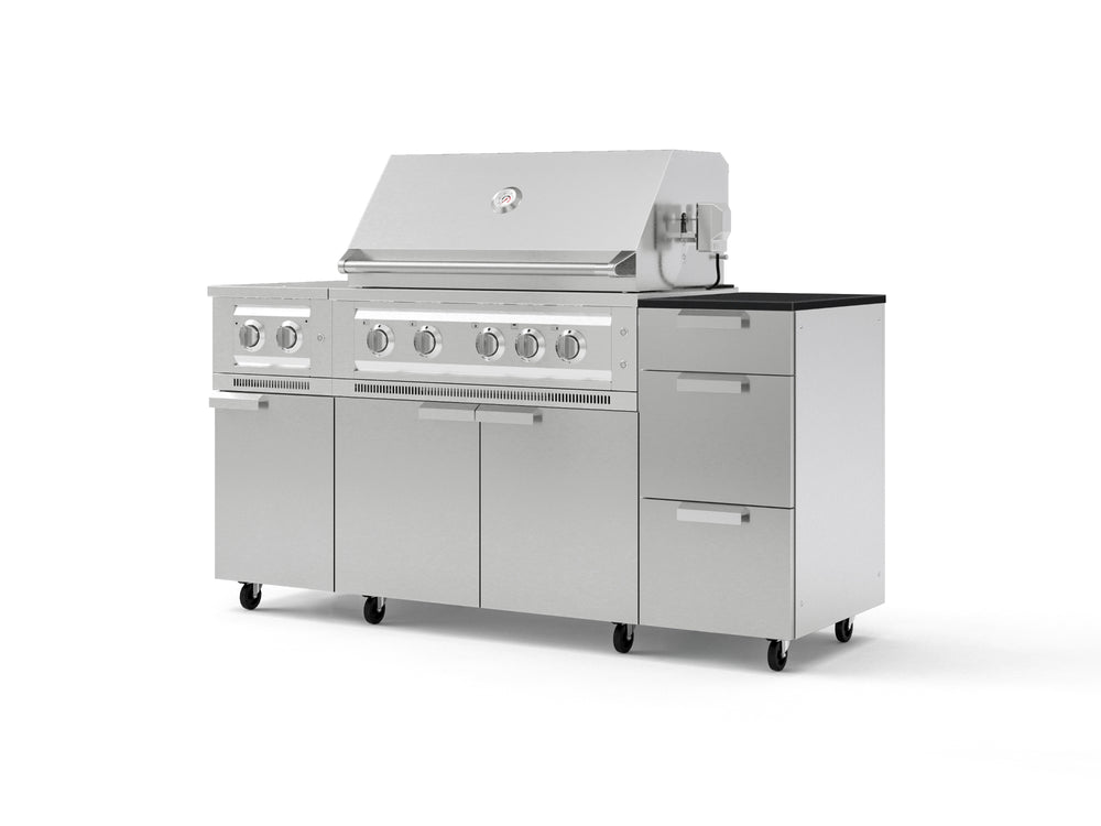 NewAge Outdoor Kitchens Outdoor Grill Island Stainless-Steel 6-Piece Cabinet Set with Casters and 3-Drawer, Grill Cabinet, Platinum Grill, Dual Side Burner and Dekton in Sirius Countertop - (Liquid Propane) | Garage Giant