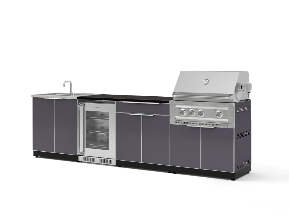 NewAge Outdoor Kitchens Aluminum 6-Piece Cabinet Set with Sink, Bar, Grill Cabinet, Platinum Grill, Countertop and Fridge-71991-Garage Giant