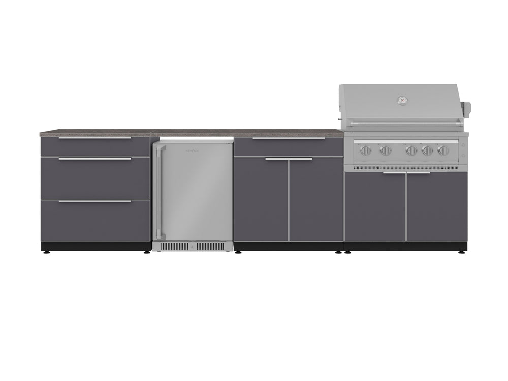 NewAge Outdoor Kitchens Aluminum 7-Piece Cabinet Set with 3-Drawer, Bar, Grill Cabinet, Platinum Grill, Countertops and Fridge-71905-Garage Giant