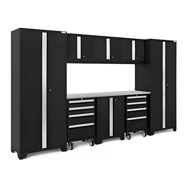 NewAge Garage Cabinets BOLD Series Black 9-Piece Set with Stainless Steel Top-63199-Garage Giant