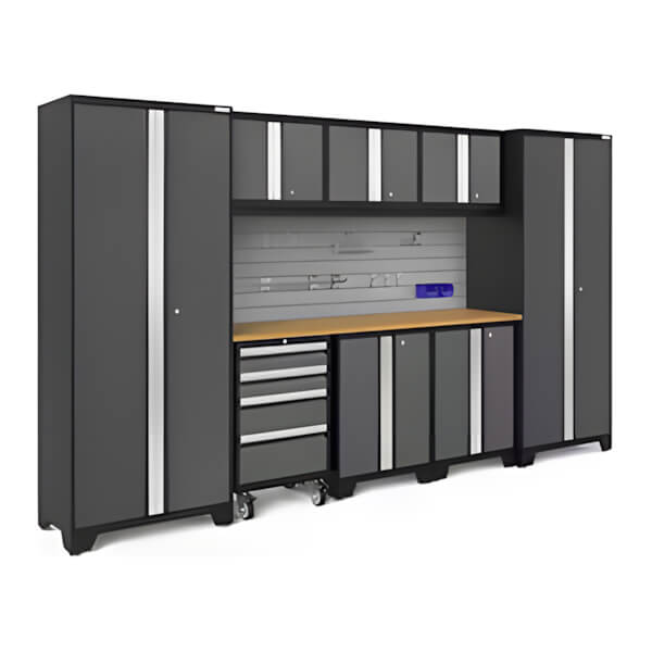NewAge Garage Cabinets BOLD Series Grey 9-Piece Set with Bamboo Top, Backsplash and Hook Kit-50369-Garage Giant