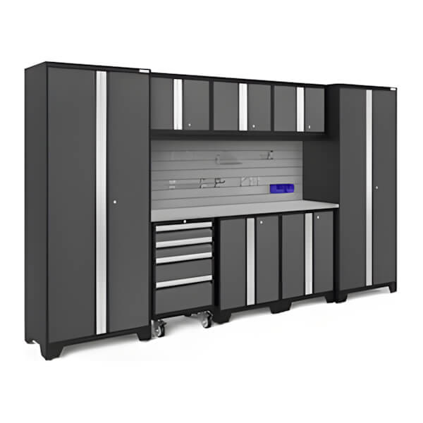 NewAge Garage Cabinets BOLD Series Grey 9-Piece Set with Stainless Steel Top, Backsplash and Hook Kit-51502-Garage Giant