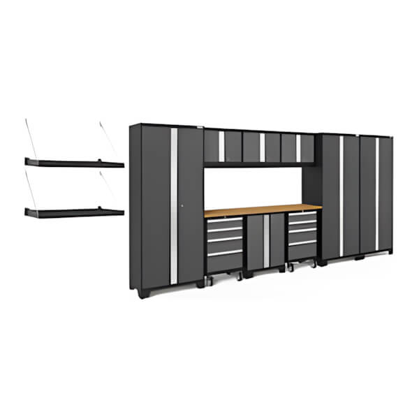 NewAge Garage Cabinets BOLD Series Grey 12-Piece Set with Bamboo Top and Wall Mounted Shelves-56631-Garage Giant