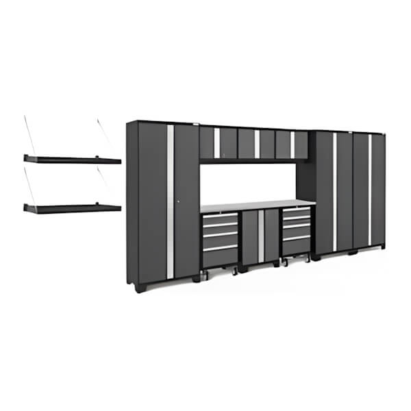 NewAge Garage Cabinets BOLD Series Grey 10-Piece Set with Stainless Top and Wall Mounted Shelves-56630-Garage Giant
