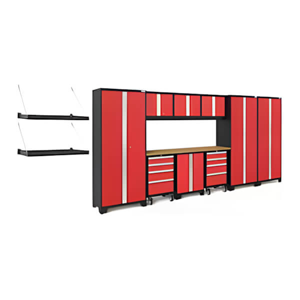 NewAge Garage Cabinets BOLD Series Red 12-Piece Set with Bamboo Top and Wall Mounted Shelves-56633-Garage Giant