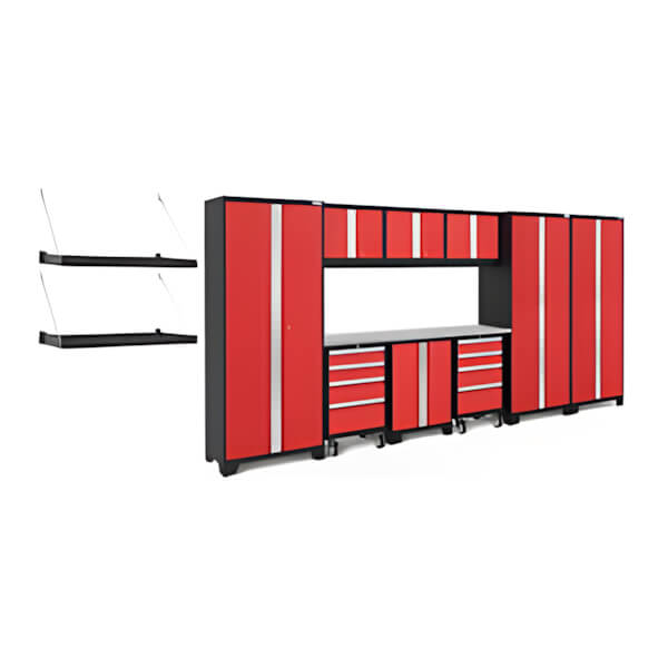 NewAge Garage Cabinets BOLD Series Red 10-Piece Set with Stainless Steel Top and Wall Mounted Shelves-56632-Garage Giant