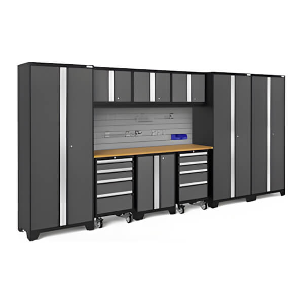 NewAge Garage Cabinets BOLD Series Grey 10-Piece Set with Bamboo Top, Backsplash and Hook Kit-56639-Garage Giant