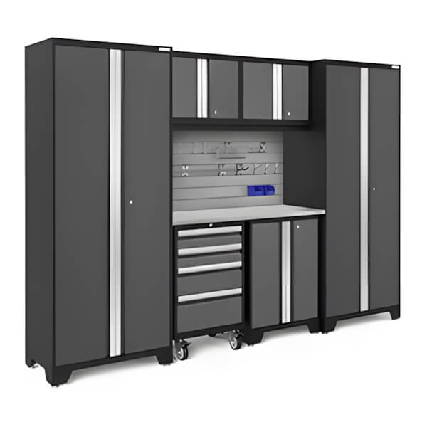 NewAge Garage Cabinets BOLD Series Grey 7-Piece Set with Stainless Top, Backsplash and Hook Kit-50759-Garage Giant