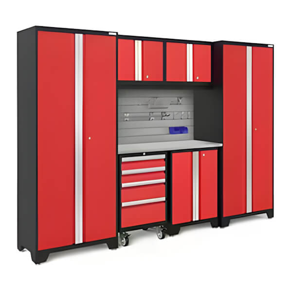 NewAge Garage Cabinets BOLD Series Red 7-Piece Set with Stainless Top, Backsplash and Hook Kit-50785-Garage Giant