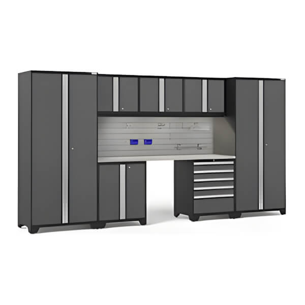 NewAge Garage Cabinets PRO Series Grey 8-Piece Set with Stainless Top, Slatwall Hook Kit and LEDs-59968-Garage Giant