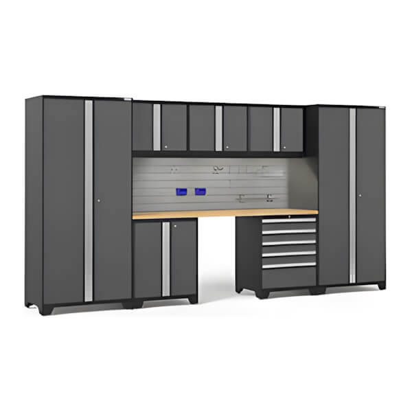 NewAge Garage Cabinets PRO Series Grey 8-Piece Set with Bamboo Top, Slatwall Hook Kit and LEDs-59969-Garage Giant