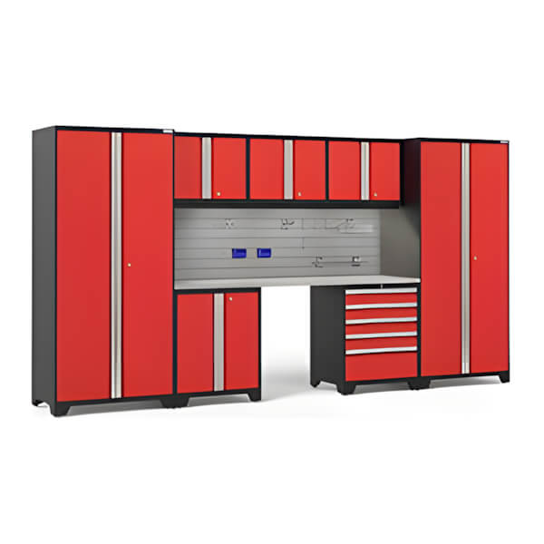 NewAge Garage Cabinets PRO Series Red 8-Piece Set with Stainless Top, Slatwall Hook Kit and LEDs-59970-Garage Giant