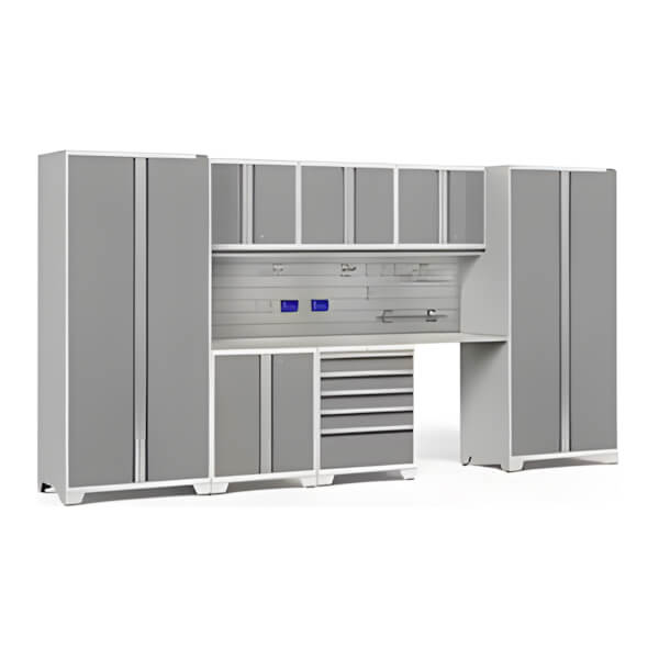 NewAge Garage Cabinets PRO Series Platinum 8-Piece Set with Stainless Top, Slatwall Hook Kit and LEDs-59972-Garage Giant