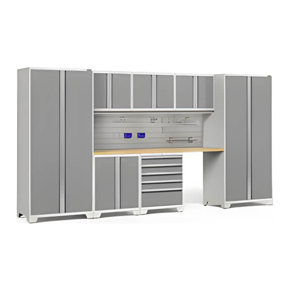 NewAge Garage Cabinets PRO Series Platinum 8-Piece Set with Bamboo Top, Slatwall Hook Kit and LEDs-59973-Garage Giant