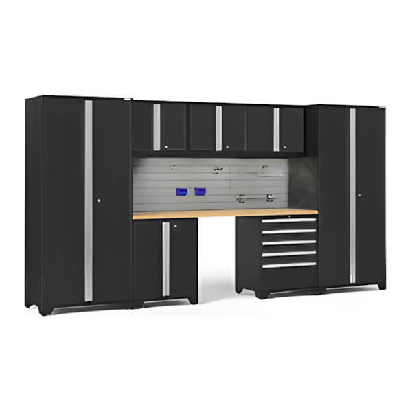 NewAge Garage Cabinets PRO Series Black 8-Piece Set with Bamboo Top, Slatwall Hook Kit and LEDs-64113-Garage Giant