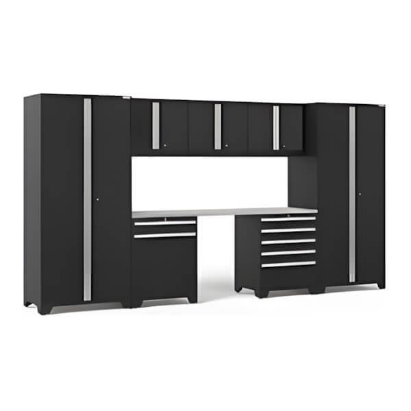 NewAge Garage Cabinets PRO Series Black 8-Piece Set with Stainless Steel Top-64115-Garage Giant