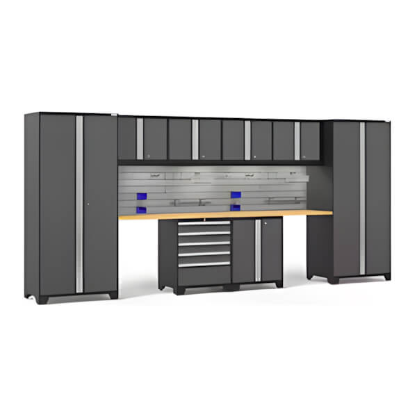 NewAge Garage Cabinets PRO Series Grey 10-Piece Set with Bamboo Top, Slatwall Hook Kit and LEDs-54238-Garage Giant