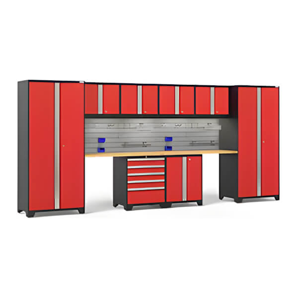 NewAge Garage Cabinets PRO Series Red 10-Piece Set with Bamboo Top, Slatwall Hook Kit and LEDs-54264-Garage Giant