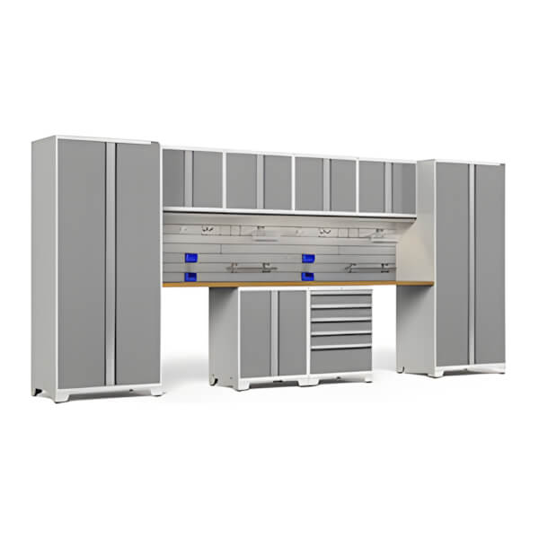 NewAge Garage Cabinets PRO Series Platinum 10-Piece Set with Bamboo Tops, Slatwall Hook Kit and Lights-54290-Garage Giant