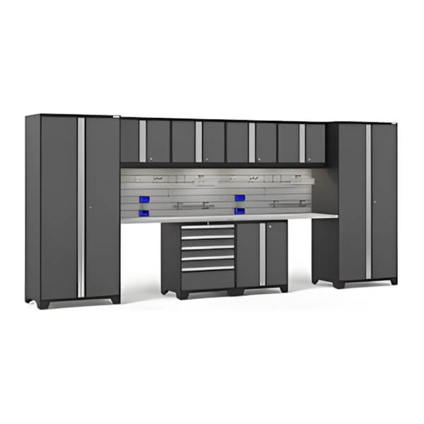 NewAge Garage Cabinets PRO Series Grey 10-Piece Set with Stainless Top, Slatwall Hook Kit and LEDs-54316-Garage Giant