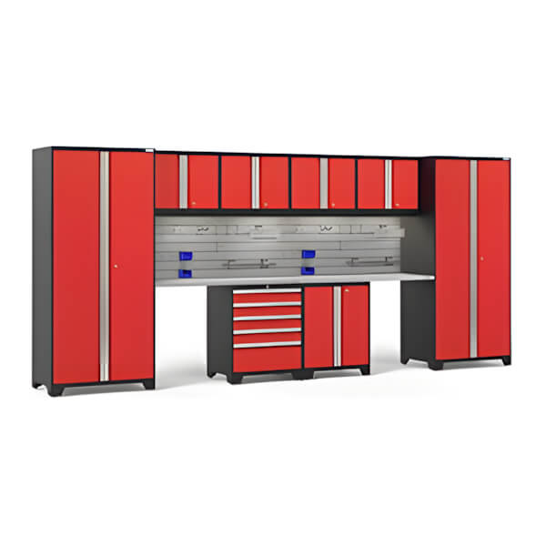 NewAge Garage Cabinets PRO Series Red 10-Piece Set with Stainless Top, Slatwall Hook Kit and LEDs-54342-Garage Giant