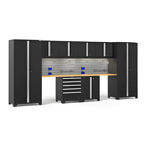 NewAge Garage Cabinets PRO Series Black 10-Piece Set with Bamboo Top, Slatwall Hook Kit and LEDs-64206-Garage Giant