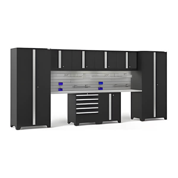 NewAge Garage Cabinets PRO Series Black 10-Piece Set with Stainless Top, Slatwall Hook Kit and LEDs-64219-Garage Giant