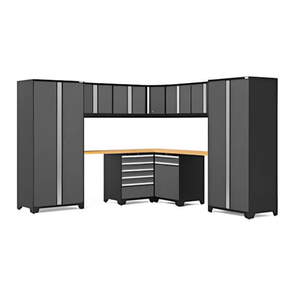 NewAge Garage Cabinets PRO Series Grey 12-Piece Corner Set with Bamboo Tops-52163-Garage Giant