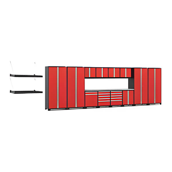NewAge Garage Cabinets PRO Series Red 16-Piece Set with Stainless Steel Tops and Wall Shelves-59988-Garage Giant