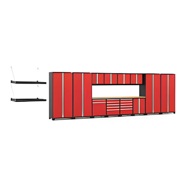 NewAge Garage Cabinets PRO Series Red 16-Piece Set with Bamboo Tops and Wall Shelves-59989-Garage Giant