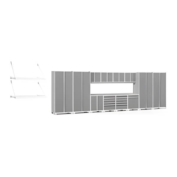 NewAge Garage Cabinets PRO Series Platinum 16-Piece Set with Stainless Steel Tops and Wall Shelves-59990-Garage Giant