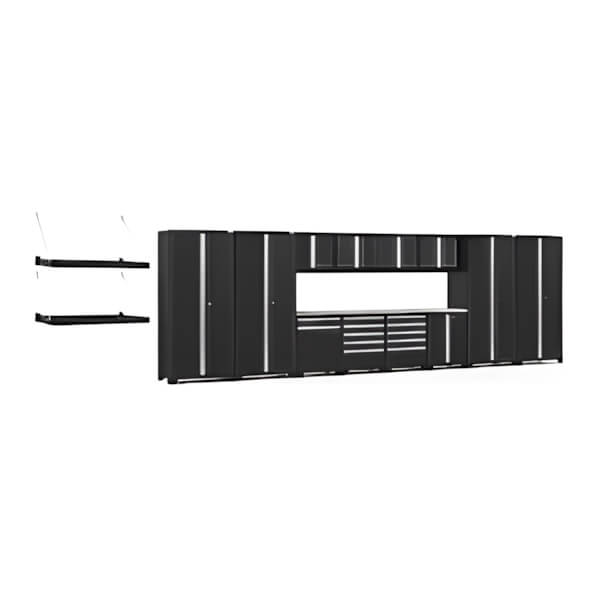NewAge Garage Cabinets PRO Series Black 16-Piece Set with Stainless Steel Tops and Wall Shelves-64313-Garage Giant