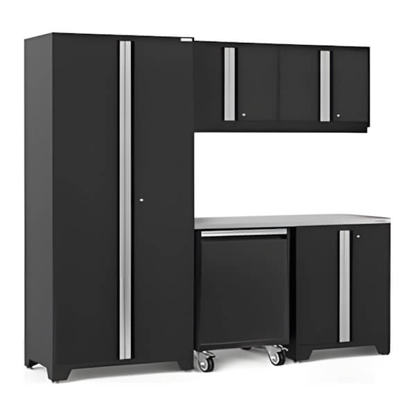 NewAge Garage Cabinets PRO Series Black 6-Piece Set with Stainless Steel Top-64336-Garage Giant